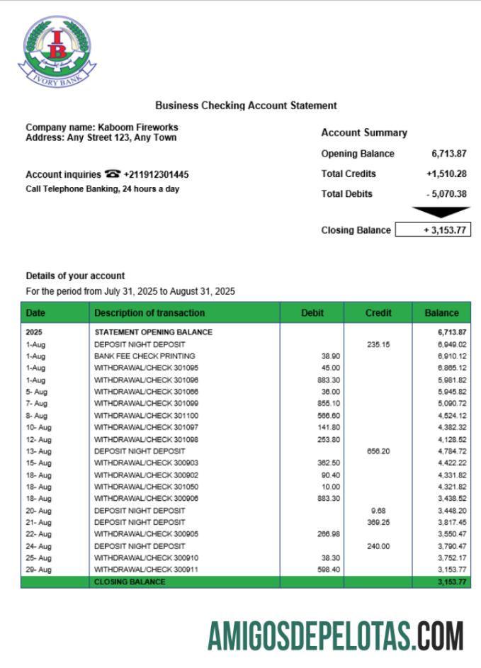 Imprimível South Sudan Ivory Business Checking modelo de extrato de conta Word e PDF